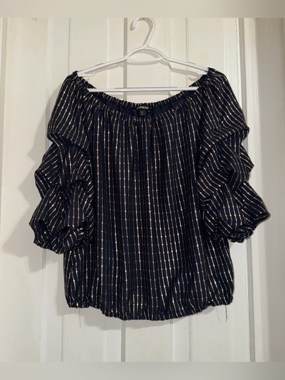 Express Women's size XL shirt Black Off-Shoulder Metallic Stripe Blouse ruffle